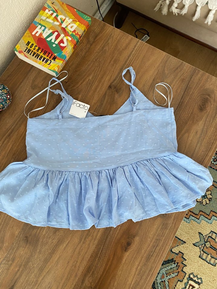 Mavi Nakışlı Pamuklu Fırfırlı Askılı Bluz - Görsel 4