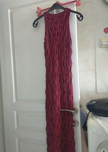 Diğer Bordo Triko Uzun Bohem Elbise