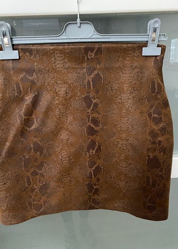 Kahverengi Yılan Desenli Mini Deri Etek - Görsel 5