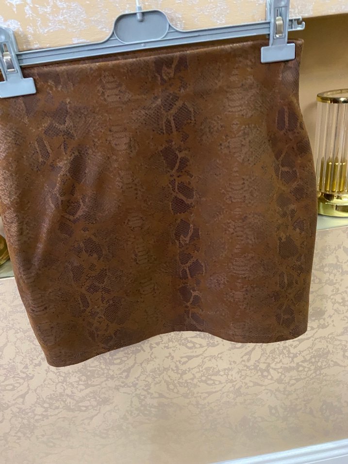 Kahverengi Yılan Desenli Mini Deri Etek - Görsel 2