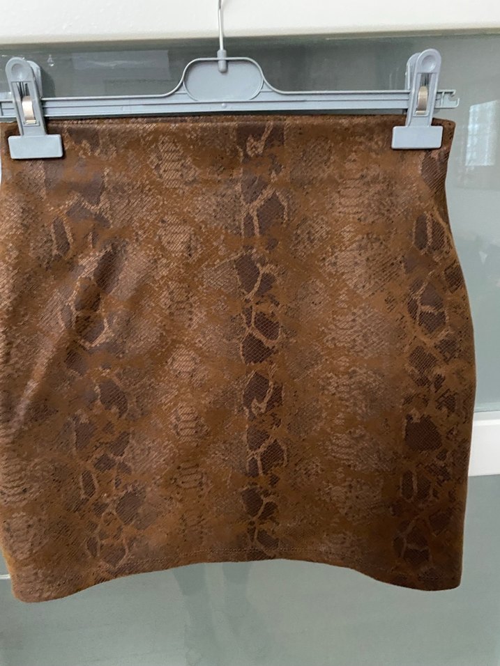 Kahverengi Yılan Desenli Mini Deri Etek - Görsel 5