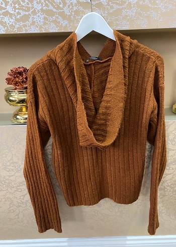 Kahverengi Kapüşonlu Örgü Kadın Kazak - Görsel 3