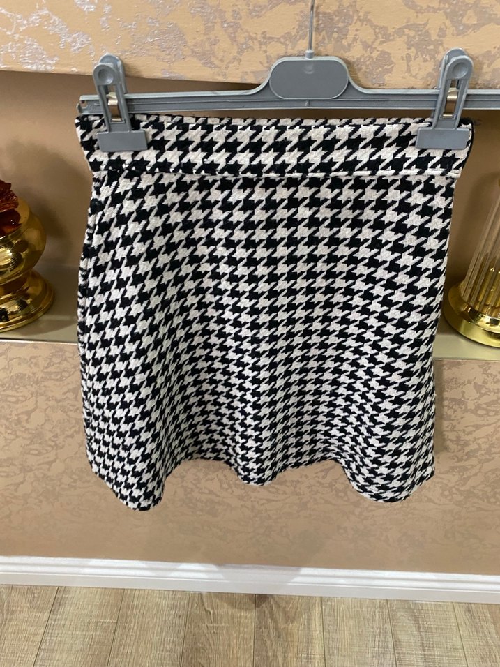 Beyaz Ekose Pilili Mini Etek - Görsel 2