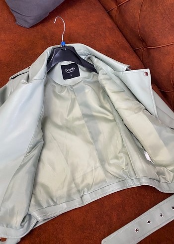 Yeşil Deri Kemerli Kısa Kadın Ceket - Görsel 6