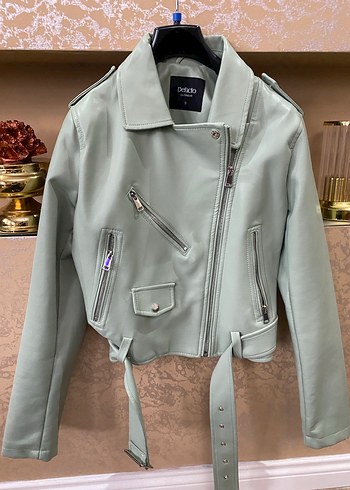 Yeşil Deri Kemerli Kısa Kadın Ceket - Görsel 4