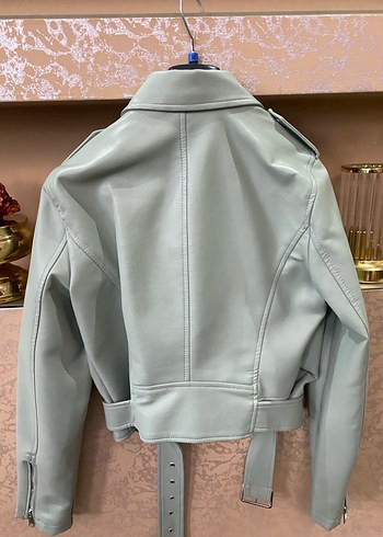 Yeşil Deri Kemerli Kısa Kadın Ceket - Görsel 5