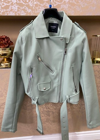 Yeşil Deri Kemerli Kısa Kadın Ceket - Görsel 3