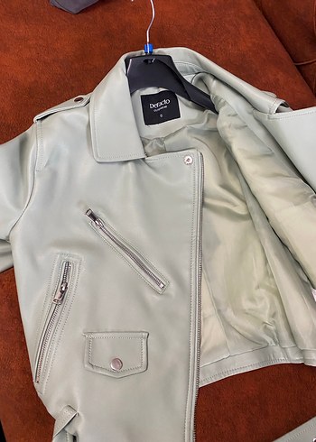 Yeşil Deri Kemerli Kısa Kadın Ceket - Görsel 7