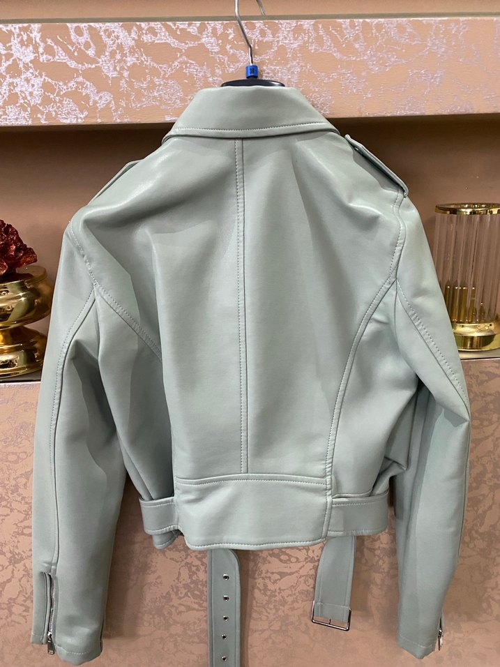 Yeşil Deri Kemerli Kısa Kadın Ceket - Görsel 5