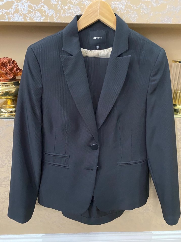 Kadın siyah Düğmeli Ofis Blazer Ceket ve etek - Görsel 2