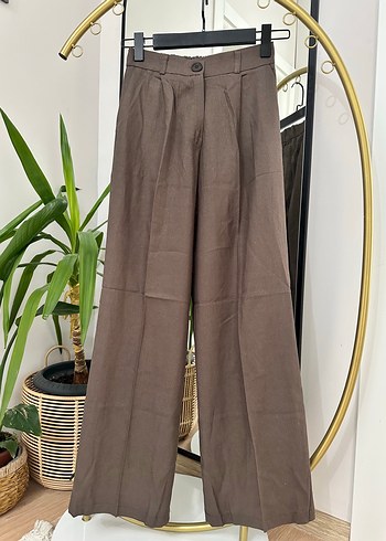 Zara Kadın Kahverengi Keten Pilili Kumaş Pantolon