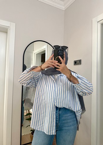 m Beden Kadın Çizgili Denim Gömlek