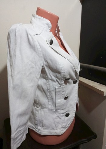 Düğmeli Beyaz Mini Denim Blazer - Görsel 4