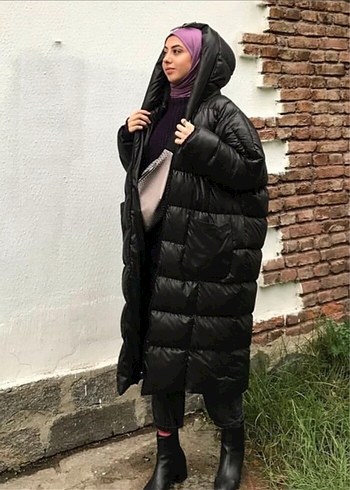 Siyah Uzun Şişme Kadın Mont - Görsel 2