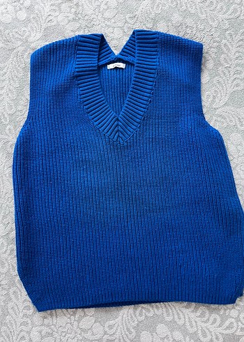 Mavi V Yaka Örgü Kadın Süveter - Görsel 3