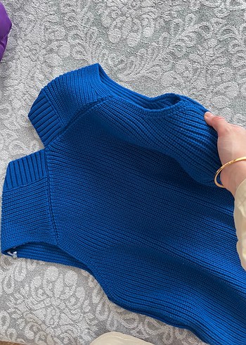 Mavi V Yaka Örgü Kadın Süveter - Görsel 2