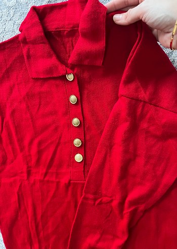 Düğmeli Kırmızı Kadın Uzun Kollu Kazak - Görsel 3