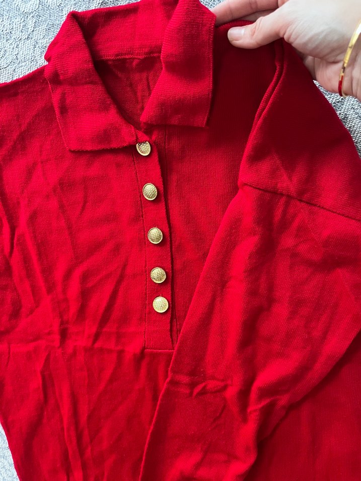 Düğmeli Kırmızı Kadın Uzun Kollu Kazak - Görsel 3