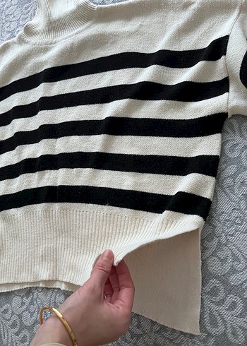 Siyah beyaz Çizgili triko Kadın Kazak - Görsel 3