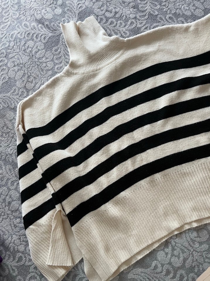 Siyah beyaz Çizgili triko Kadın Kazak - Görsel 4