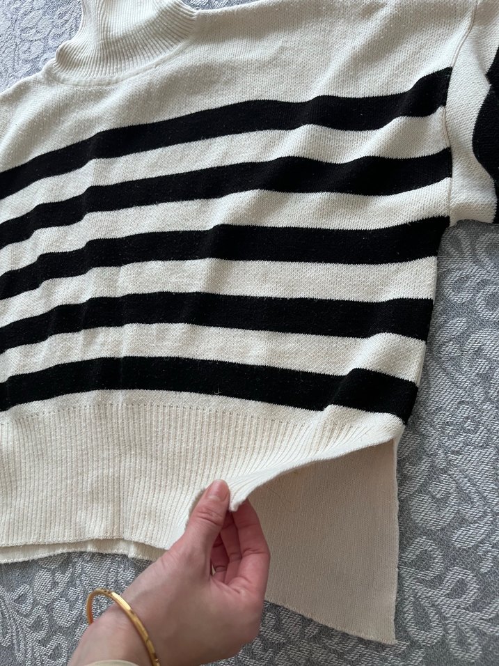 Siyah beyaz Çizgili triko Kadın Kazak - Görsel 3