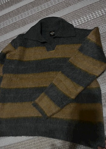 Gri tüylü çizgili Kadın Kazak, Polo Yaka, Rahat Kesim - Görsel 2