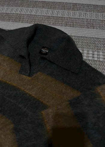 Gri tüylü çizgili Kadın Kazak, Polo Yaka, Rahat Kesim - Görsel 3