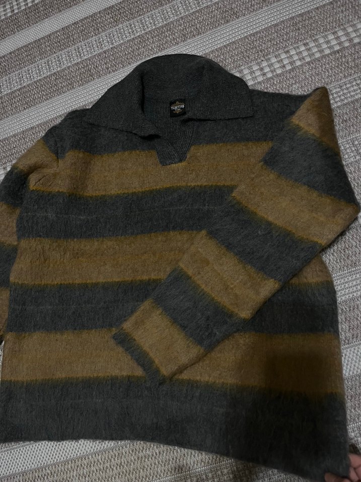 Gri tüylü çizgili Kadın Kazak, Polo Yaka, Rahat Kesim - Görsel 2