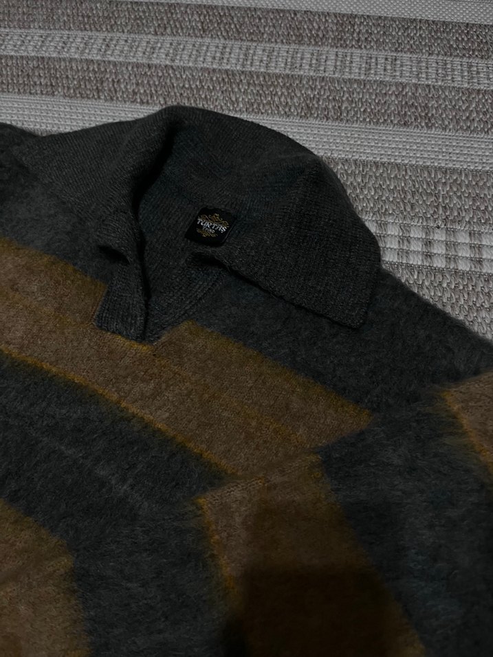 Gri tüylü çizgili Kadın Kazak, Polo Yaka, Rahat Kesim - Görsel 3