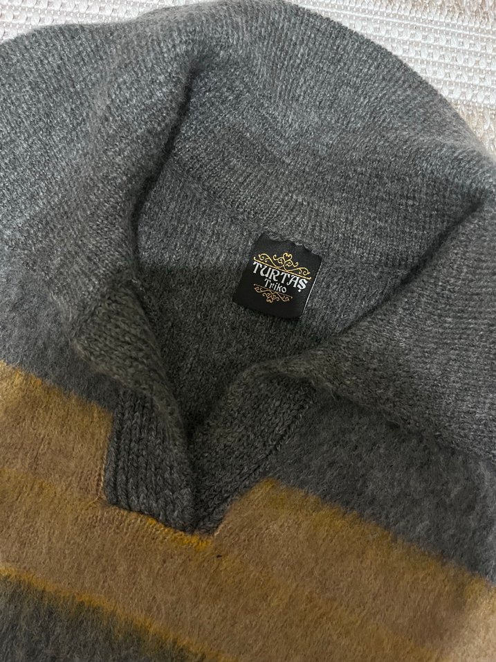 Gri tüylü çizgili Kadın Kazak, Polo Yaka, Rahat Kesim - Görsel 5