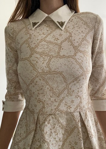 Bej Dantel Detaylı Vintage Elbise M Beden