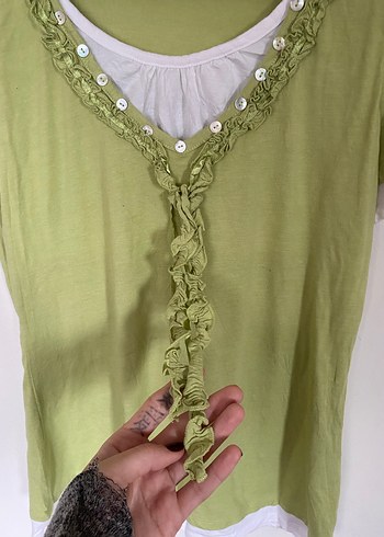 Yeşil Dantel Detaylı V Yaka Kadın Bluz YK2 - Görsel 6