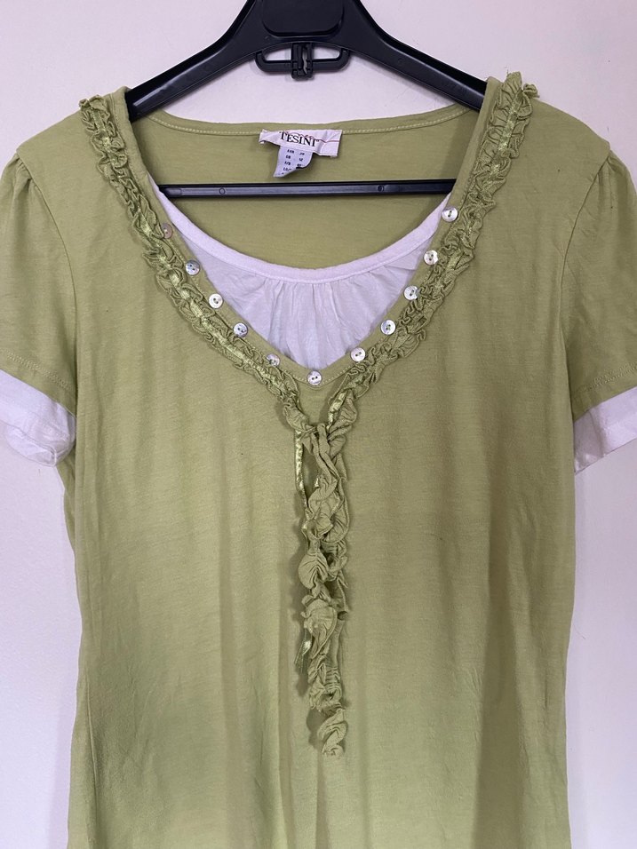 Yeşil Dantel Detaylı V Yaka Kadın Bluz YK2 - Görsel 2