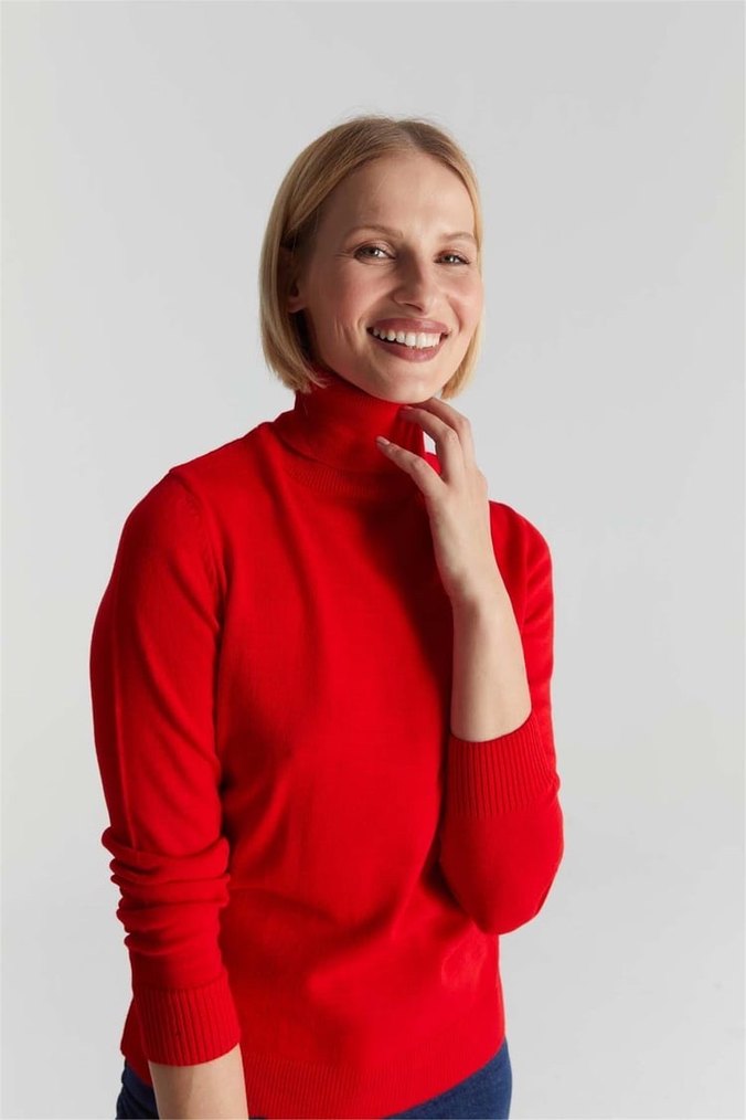 Kırmızı Kadın Boğazlı Triko Kazak M Beden - Görsel 3