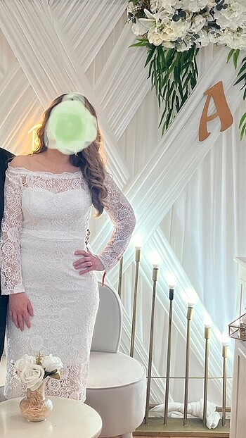 Dantel detaylı beyaz nişan , nikah elbisesi