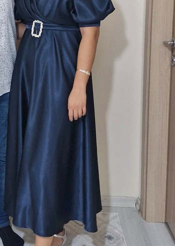 Parlak Lacivert Saten Uzun Elbise - Görsel 7