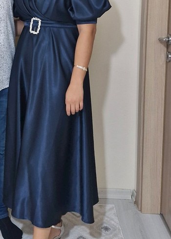 Parlak Lacivert Saten Uzun Elbise - Görsel 2