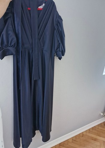 Parlak Lacivert Saten Uzun Elbise - Görsel 6