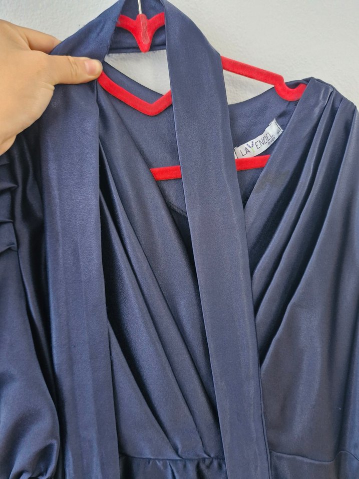 Parlak Lacivert Saten Uzun Elbise - Görsel 4