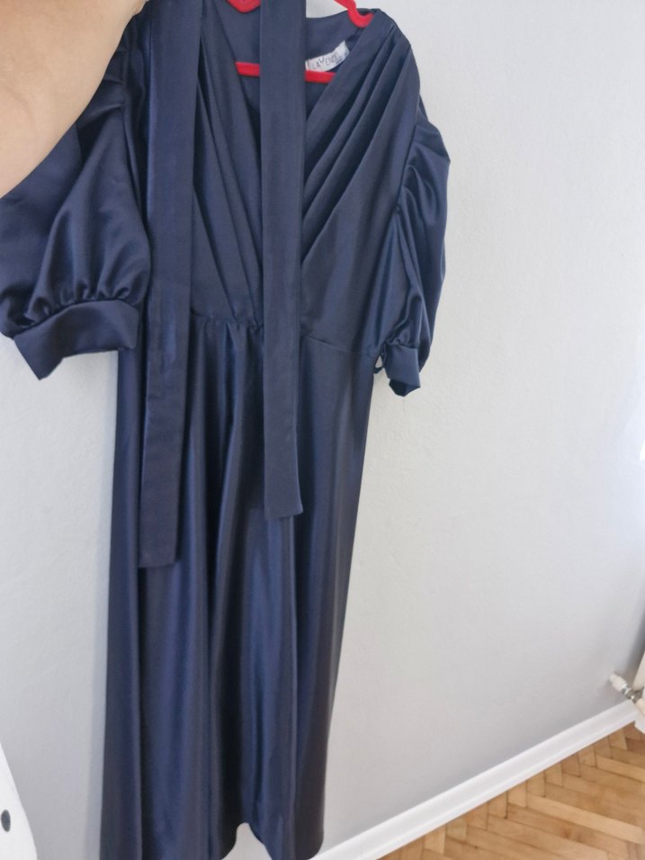 Parlak Lacivert Saten Uzun Elbise - Görsel 3