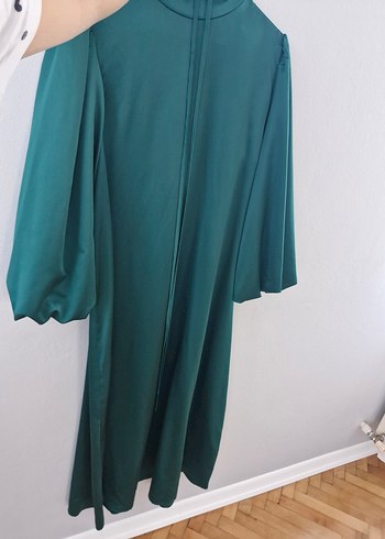 zümrüt yeşili Parlak Uzun saten Kadın Elbise - Görsel 5