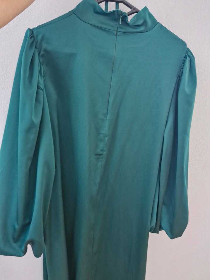 zümrüt yeşili Parlak Uzun saten Kadın Elbise - Görsel 4