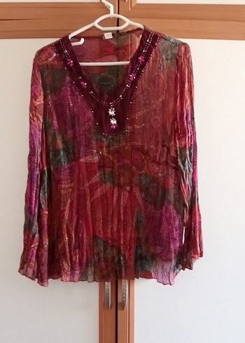 Bordo Batik Desenli V Yakalı Bohem Tunik