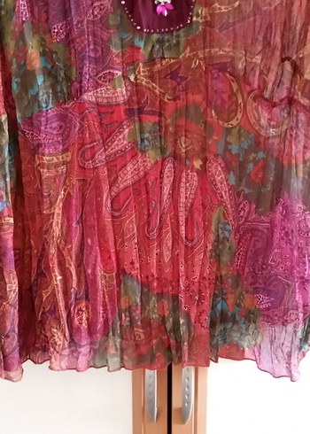 46 Beden Bordo Batik Desenli V Yakalı Bohem Tunik