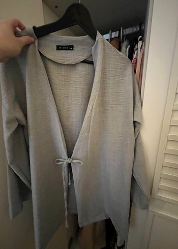 Gri Keten Salaş Uzun Ceket - Görsel 2