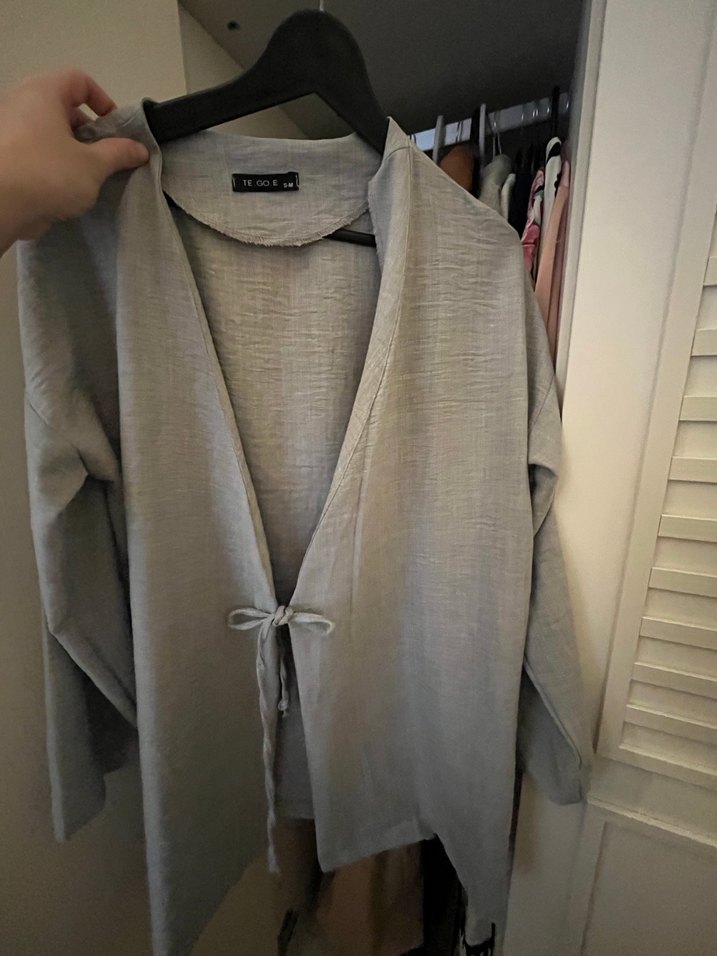 Gri Keten Salaş Uzun Ceket - Görsel 2