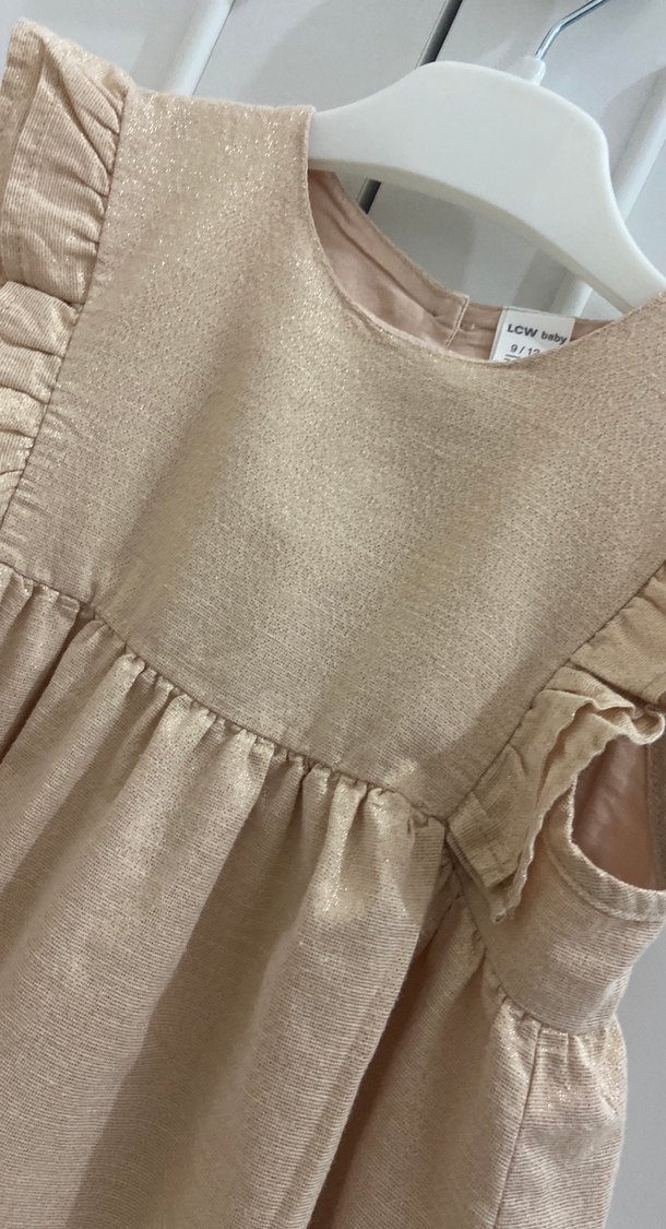 Kız Çocuk Keten Bej Fırfırlı Elbise - Görsel 4