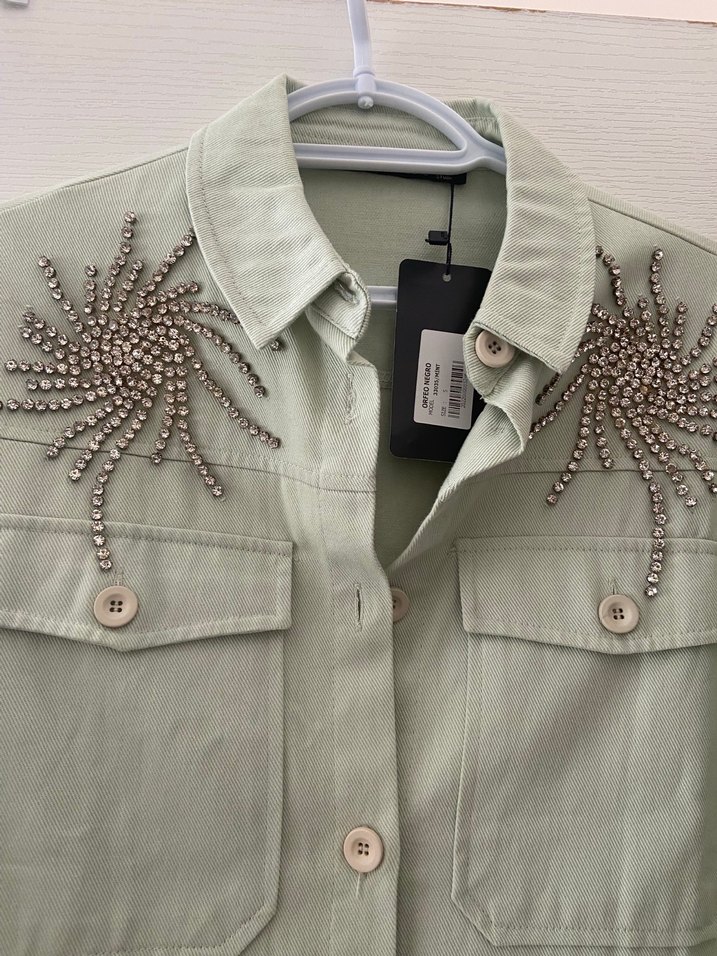 Uzun Kol Düğmeli Yeşil Denim Gömlek - Görsel 5