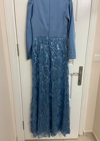 Drapeli Uzun Kollu Mavi Abiye Elbise - Görsel 3