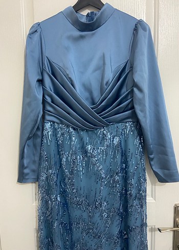 Drapeli Uzun Kollu Mavi Abiye Elbise - Görsel 2